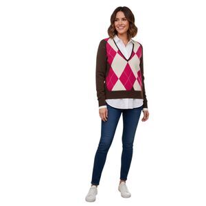 J.Crew Argyle Wool Blend Sweater Women's L V Neck Long Sleeve Brow Pink Ivory